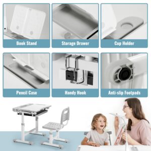 Rengue Kids Desk and Chair Set Height Adjustable School Study Desk and Chair with 55° Tiltable Desktop, 3 Modes&3 Brightness LED Lamps, Storage Drawer and Metal Hook for Boys Girls, Grey