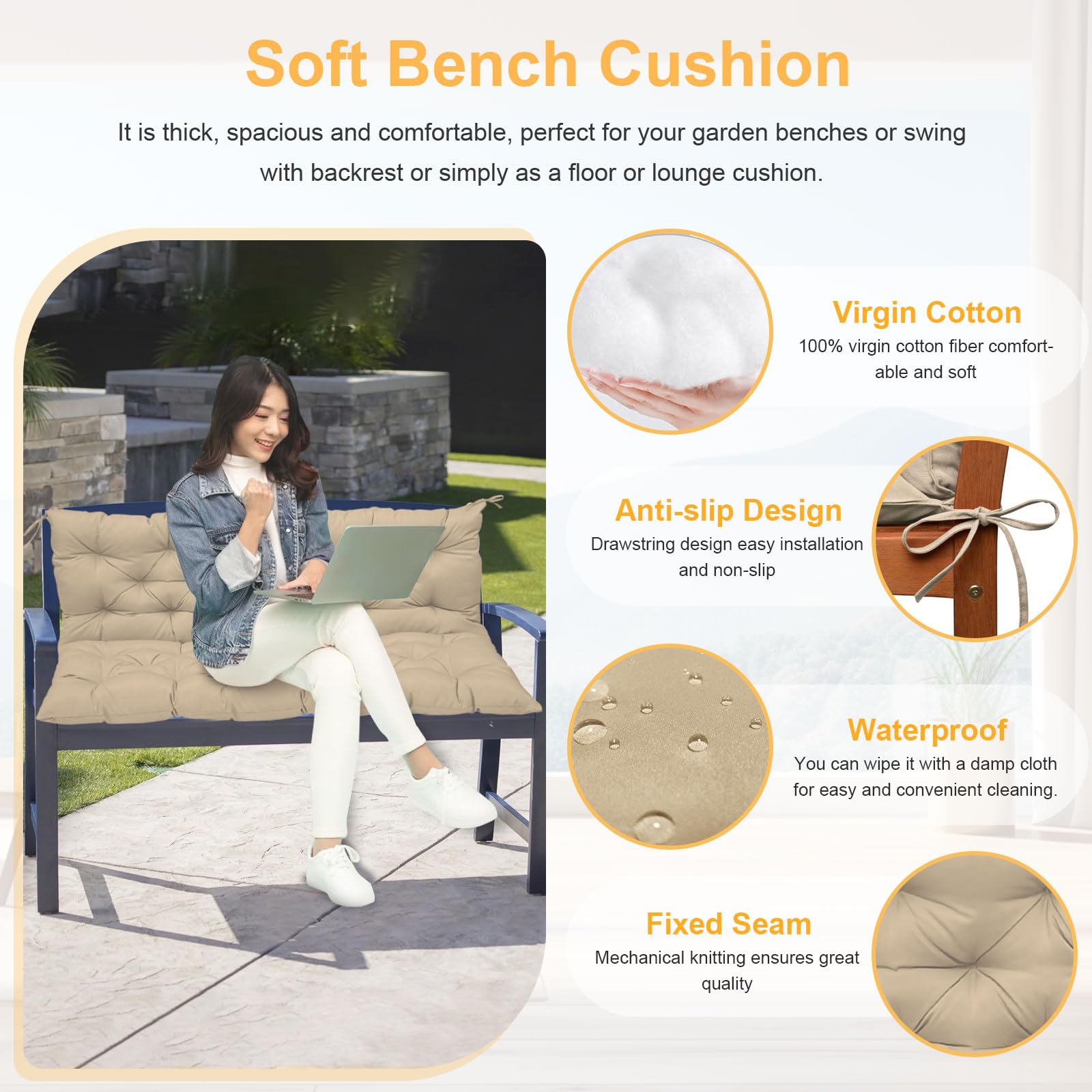 NANGELRN Porch Swing Cushion with Backrest,Waterproof Bench Cushion for Outdoor Furniture,2-3 Seater Replacement Thickened Swing Cushion with Ties,Patio,Outdoor,Backyard and Garden (Khaki,40x40)