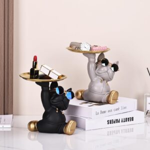 Bulldog Tray Statue and Sculpture Key Holder, French Bulldog Storage Candy Dish, Modern Key Bowl for Entryway Table Cool Office Desk Frenchie Decor, French Bulldog Gifts Key Basket Accessories