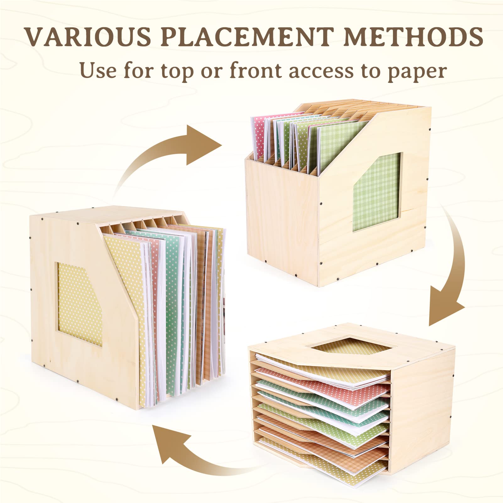 Caydo Wood Paper Storage Organizer with 50 Pieces Scrapbook Paper Storage Organizer and 120 Pieces Sticky Index Tabs for Holding 12 x 12 Inch Scrapbook Paper, Files, Vinyl Paper and Cardstock