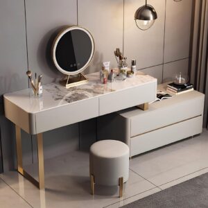 onaninso makeup vanity table with lighted mirror, vanity desk with slate tabletop and solid wood frame, 4 drawers, stool, side cabinet, vanity set for bedroom (47.2in)