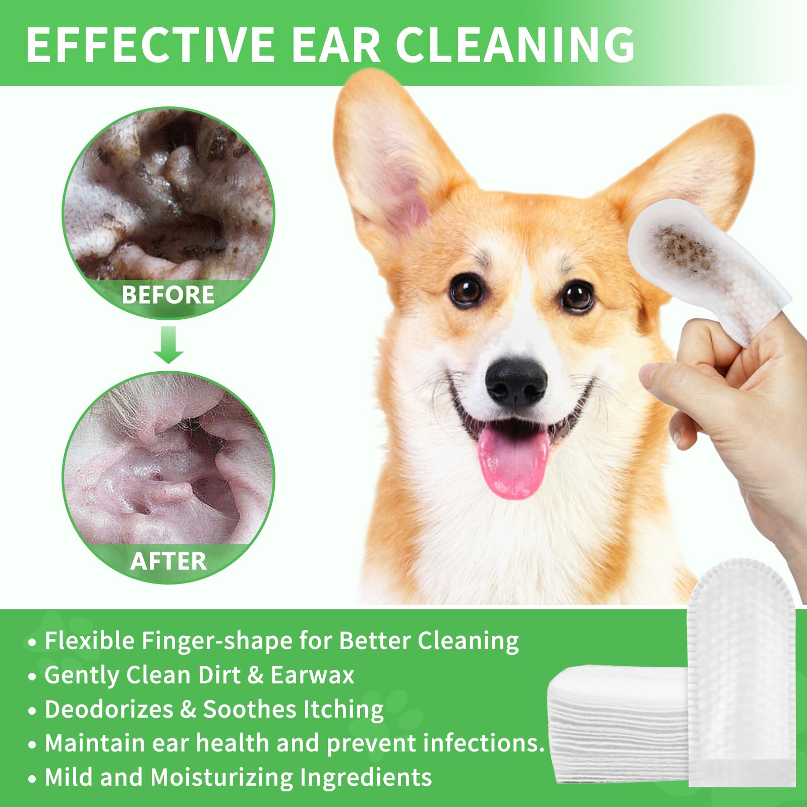 GJYC PET Ear Finger Wipes for Dogs & Cats - Natural Ingredients Gently Remove Ear Wax, Debris - Soothes & Deodorizes - Relieve Ear Itching & Inflammation with Aloe, 55 Count