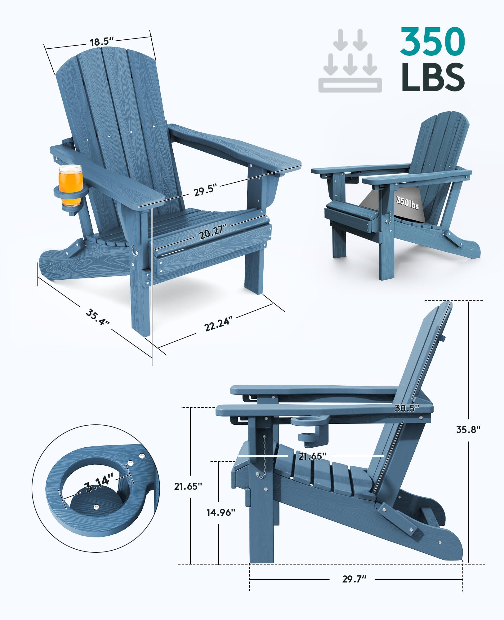 SERWALL 5-Piece Adirondack Chair and Ottoman and Table Set, HDPE Weather Resistant Adjustable Backrest Adirondack Chair with Ottoman and Side Table, Navy