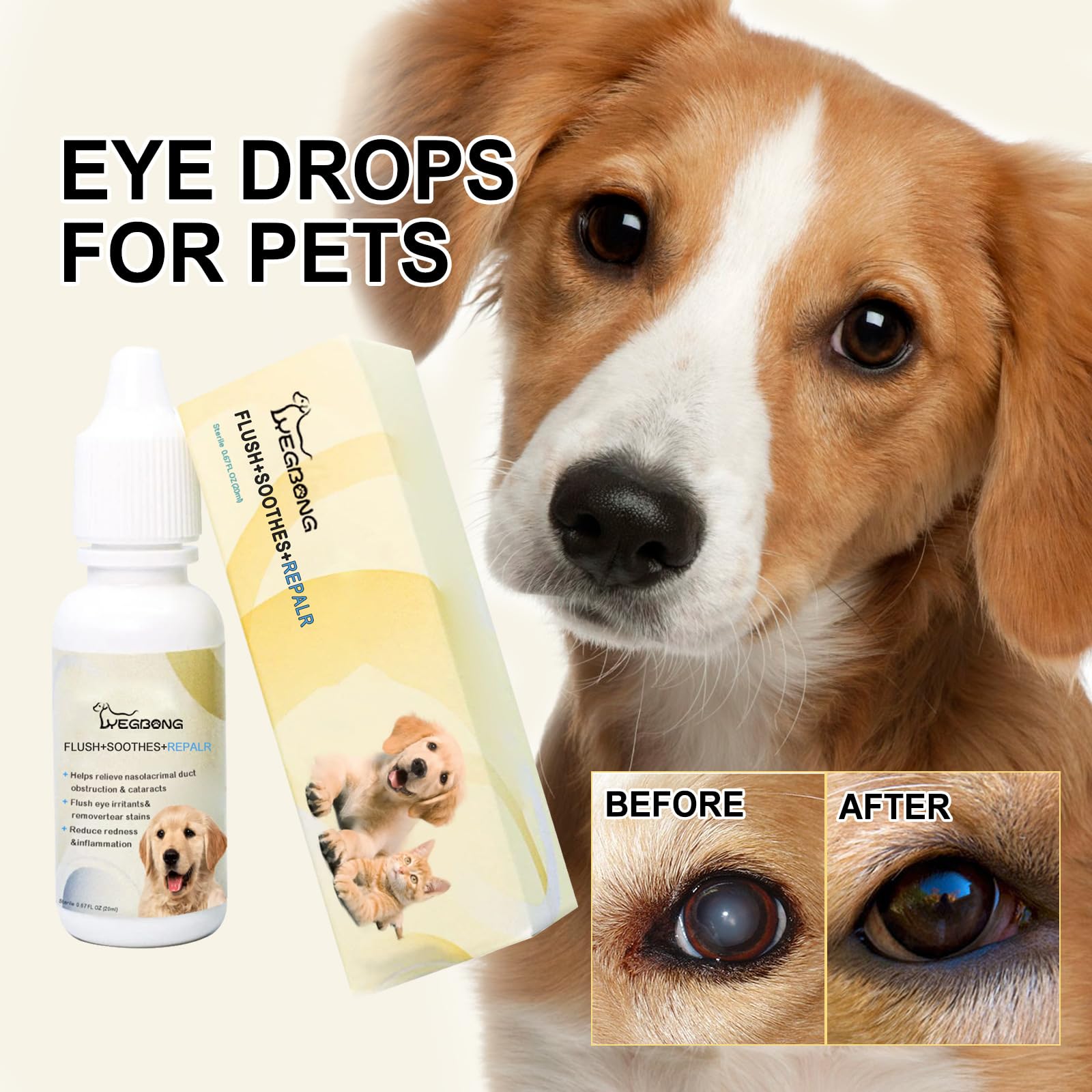 HcirjhieEye Drops for Dogs, Dog Eye Infection Treatment, Superior Comfort Long，Lasting Relief Fewer Application Needed, Used to Clean Tear Stains, Remove Eye Stains, and Relieve Dryness, 20mI