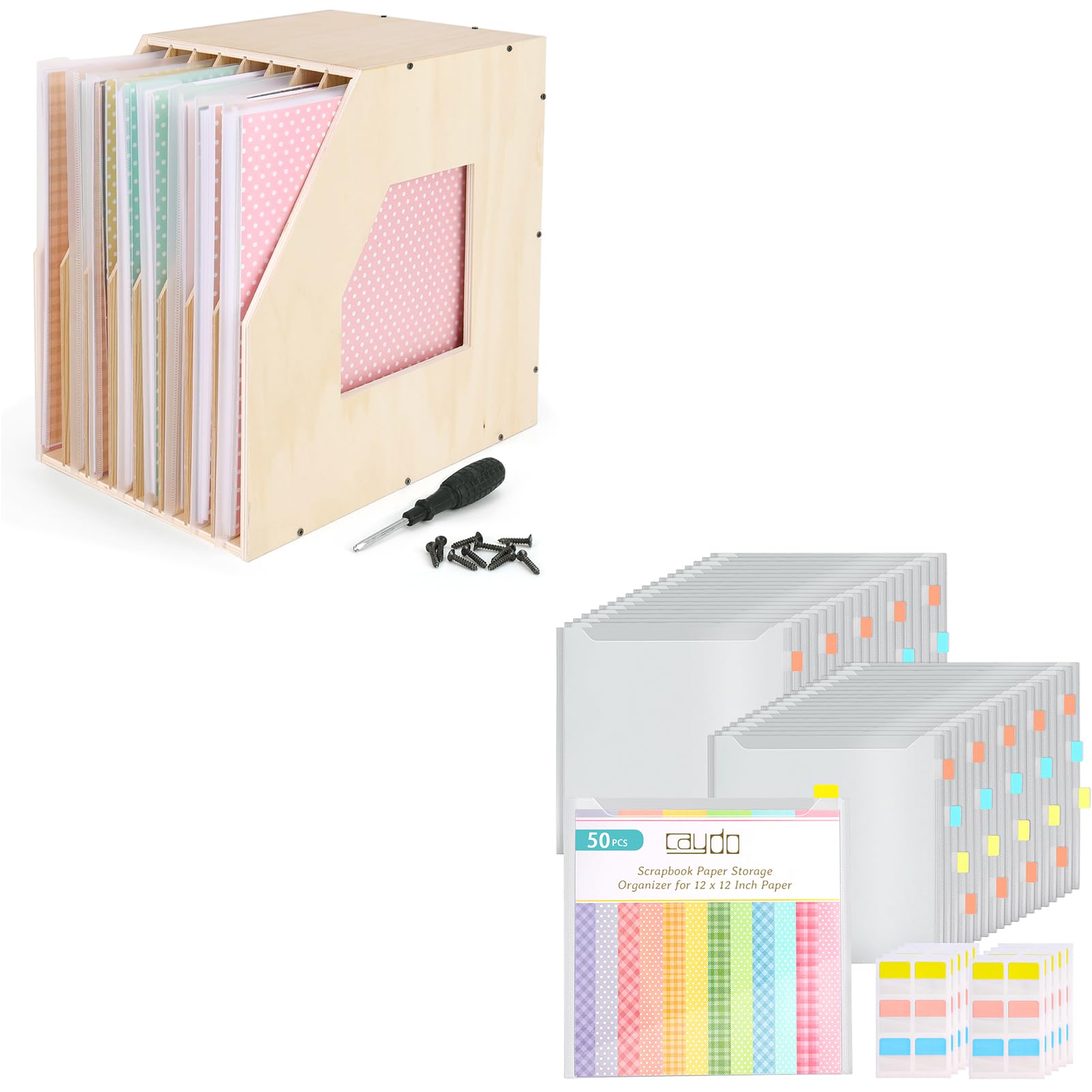 Caydo Wood Paper Storage Organizer with 50 Pieces Scrapbook Paper Storage Organizer and 120 Pieces Sticky Index Tabs for Holding 12 x 12 Inch Scrapbook Paper, Files, Vinyl Paper and Cardstock