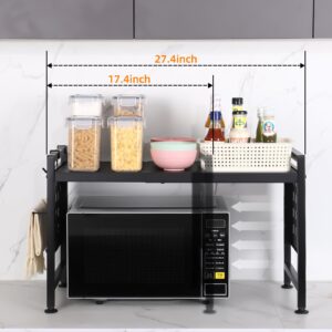 loyalKBS Extendable Microwave Oven Rack 2 Tier Adjustable Shelf Bakers Rack for Kitchens Countertop Appliance Shelf with 4 Hooks and Pot Lid Support, Black