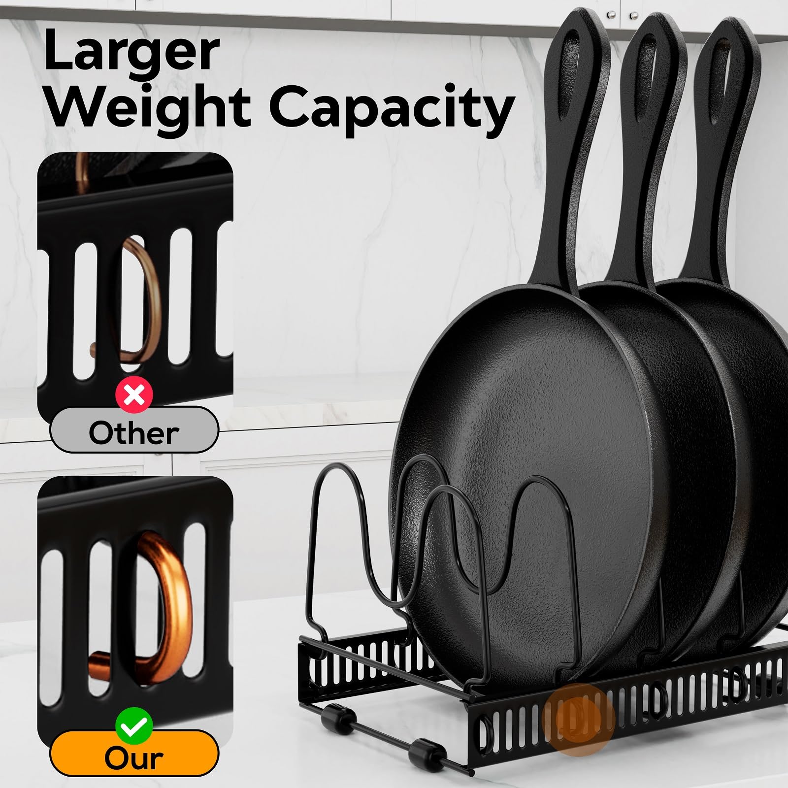 VELKPRO Pots and Pans Organizer Rack for Under Cabinet-Adjustable Kitchen Cabinet Holder-Ideal for Pot Lids, Cutting Boards, Cast-Iron Pans, and Heavy Cookware Storage