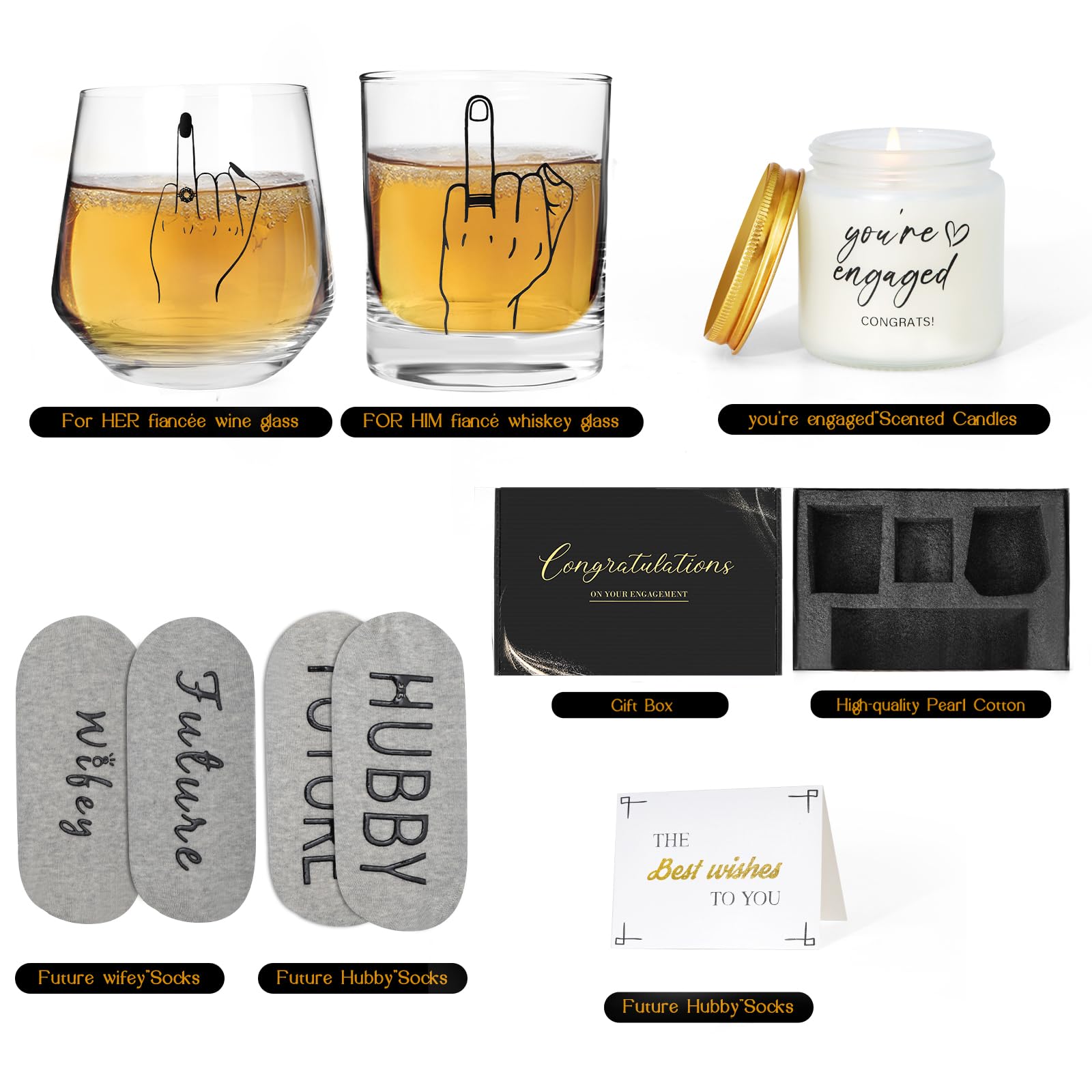 Engagement Gifts for Couples & Special Wedding Gifts: Wine and Whiskey Glasses,Socks, Scented Candle, and Greeting Card - Unique Gifts for Couples,Mr and Mrs, His and Hers, Bridal Shower and Newlywed