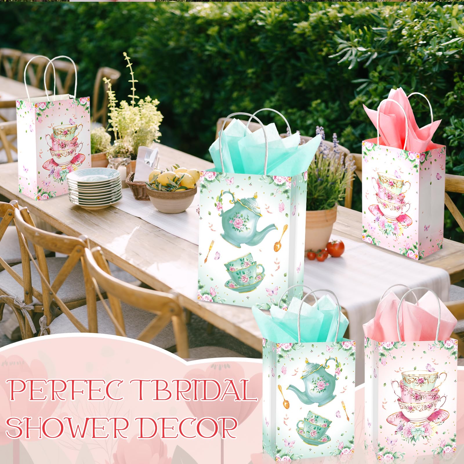 Locmeo 24 Pcs Tea Party Gift Bags with Tissue Paper Floral Teapot Goodie Treat Bags with Handles Tea Party Decorations for Kids Girls Wedding Baby Shower Birthday Party Favors Supplies, Pink and Green