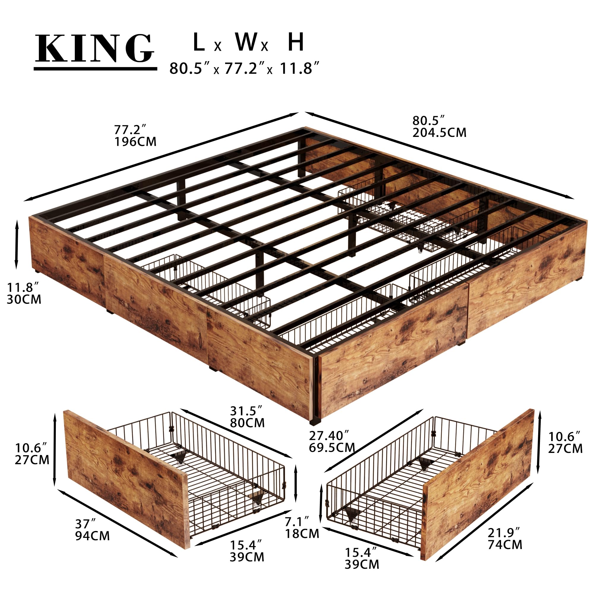 King Platform Bed Frame with 4 Storage Drawers, Sturdy and Stable, Noise-Free, No Box Spring Needed, Easy Assembly, Industrial Style, Brown