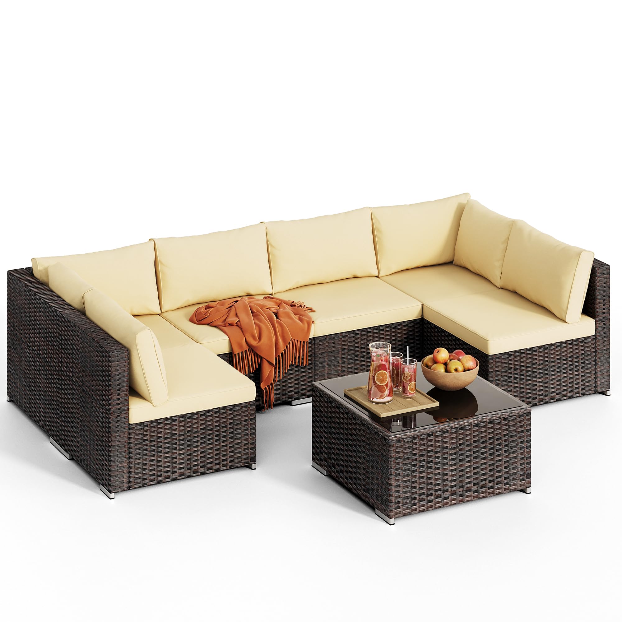 Qsun 7-Piece Patio Furniture Set, Outdoor Sectional PE Wicker Rattan Patio Set. Outdoor Furniture a Glass Coffee Table for Porch Poolside Balcony (Brown Rattan, Beige Cushion)