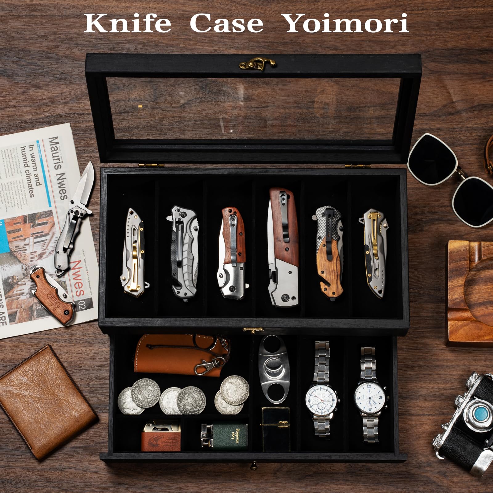 Yoimori Knife Display Case for 9-15 Knives, 2-Layer Pocket Knife Case with Glass Lid & Drawer, Wood Knife Cases for Collections for Men Gift Ideas (Black)