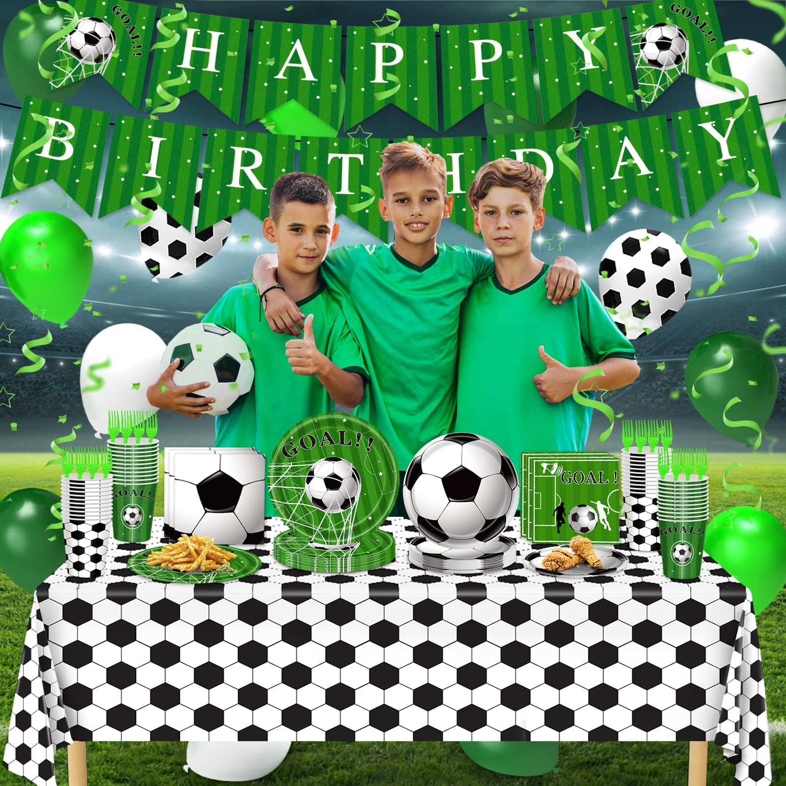 Soccer Party Decorations, 143Pcs Soccer Birthdday Party Supplies-Serves 24 with Soccer Plates and Napkins Tablecloth and Birthday Banner Balloons for Soccer Sports Theme Birthday Decorations