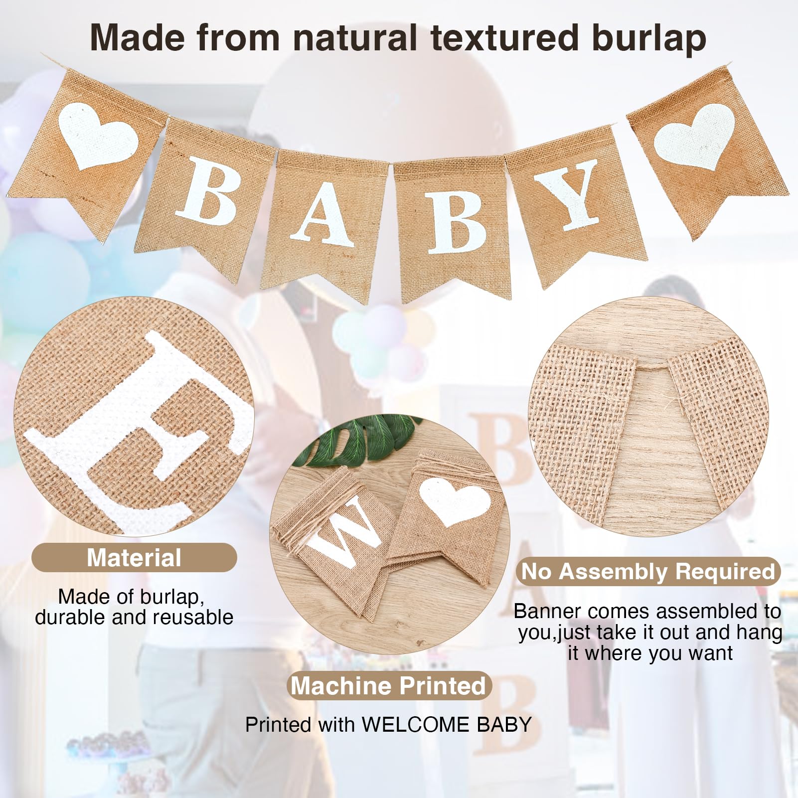 Welcome Baby Sign - Pre-Strung Burlap Welcome Baby Banner - Elegant Baby Announcement Sign for Boy and Girl - Newborn Birth Hospital Signs - Baby Arrival Banners - Adorable Baby Shower Decor