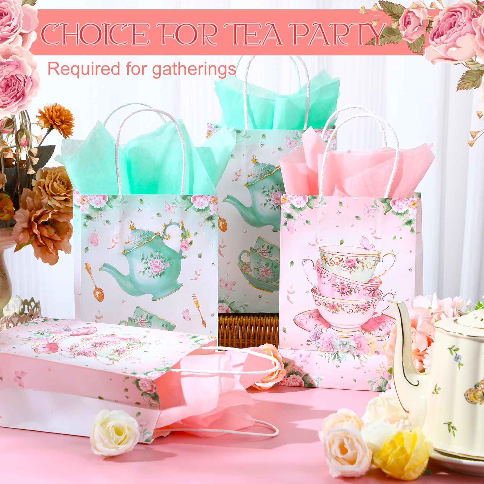 Locmeo 24 Pcs Tea Party Gift Bags with Tissue Paper Floral Teapot Goodie Treat Bags with Handles Tea Party Decorations for Kids Girls Wedding Baby Shower Birthday Party Favors Supplies, Pink and Green