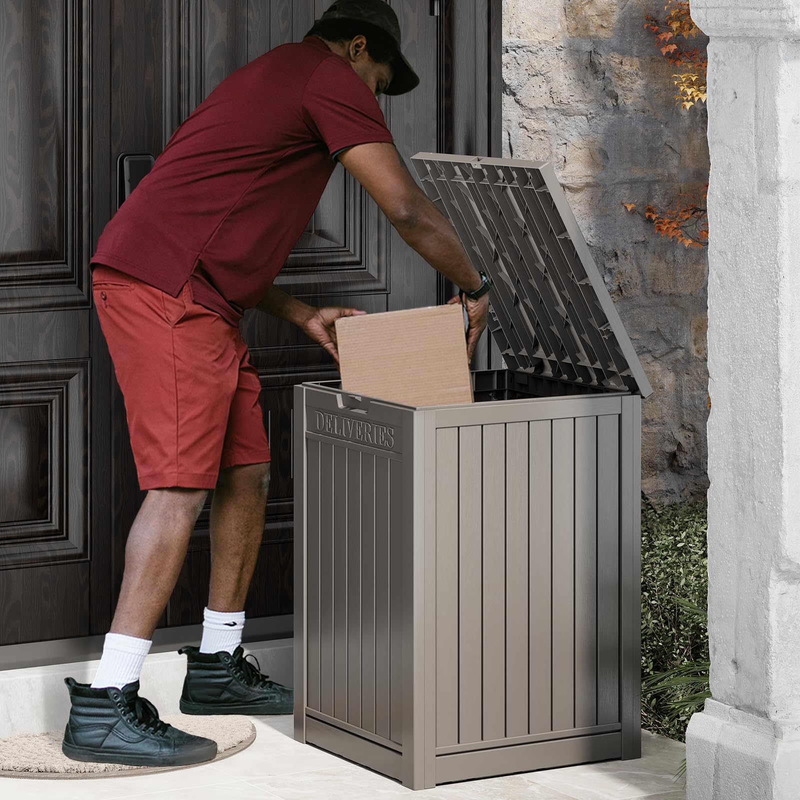 Package Delivery Box for Porch, 48 Gallon Storage Box with Lockable Secure, Large Double Wall Resin Outdoor Package Delivery and Waterproof Deck Box