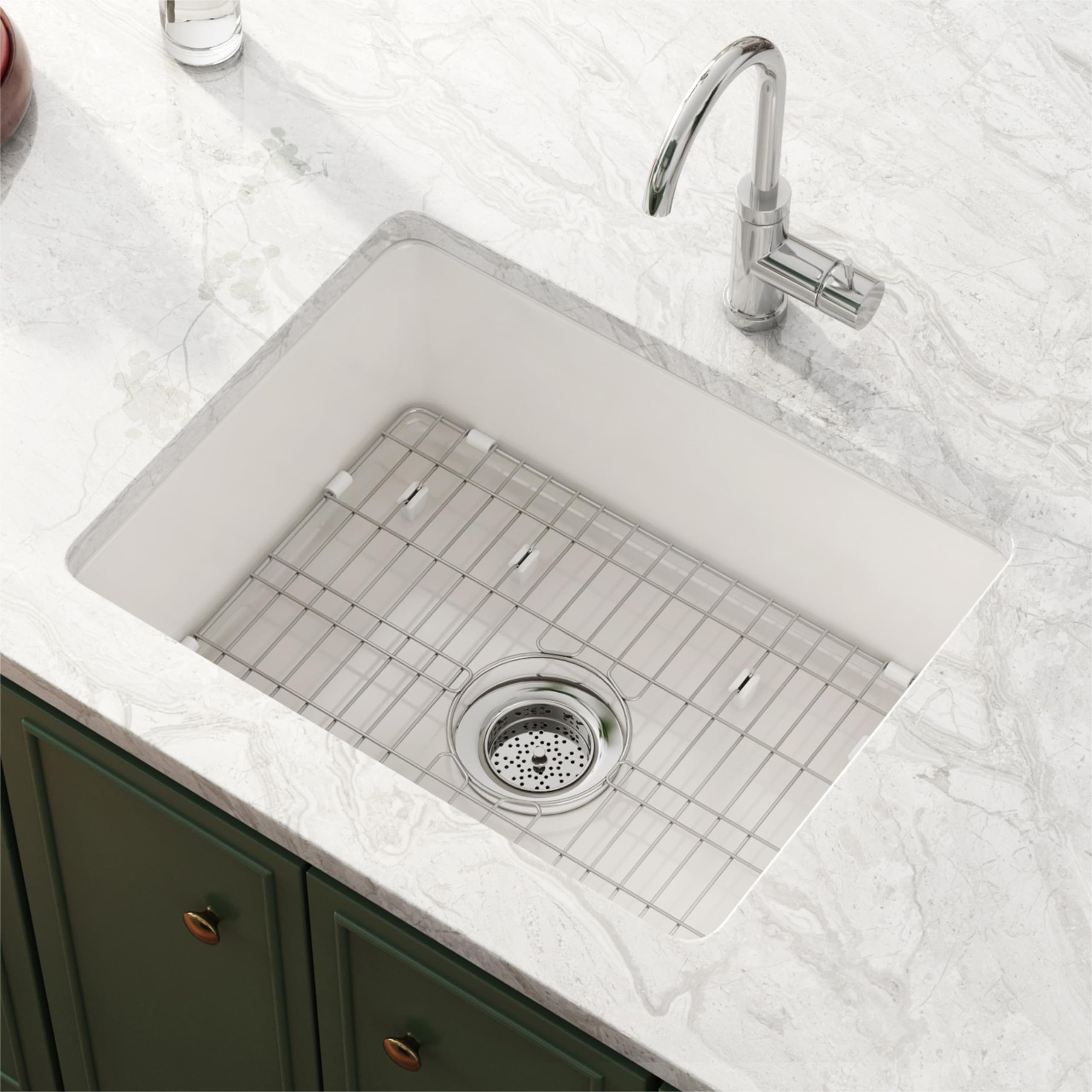 Drop in Kitchen Sink, Eridanus 24" x 18" Undermount Kitchen Sink 24 Inch Fireclay Sink Dual Mount White Kitchen Sink Topmount Deep Single Bowl with Bottom Grid and Strainer Drain