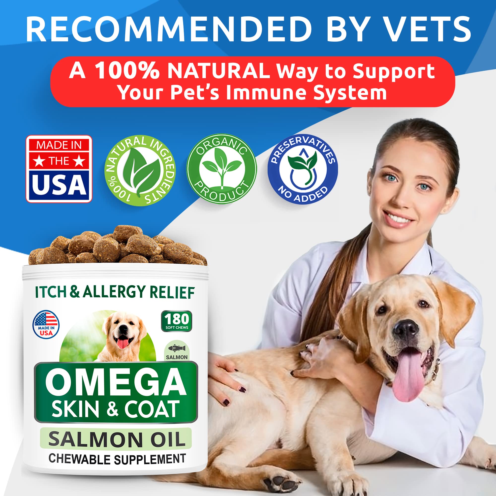 Salmon Oil + Omega 3 for Dogs - Oil Treats for Dog Shedding, Skin Allergy, Itch Relief, Dry Skin & Hot Spots Treatment, Joint Health - Skin and Coat Supplement - EPA & DHA Fatty Acids