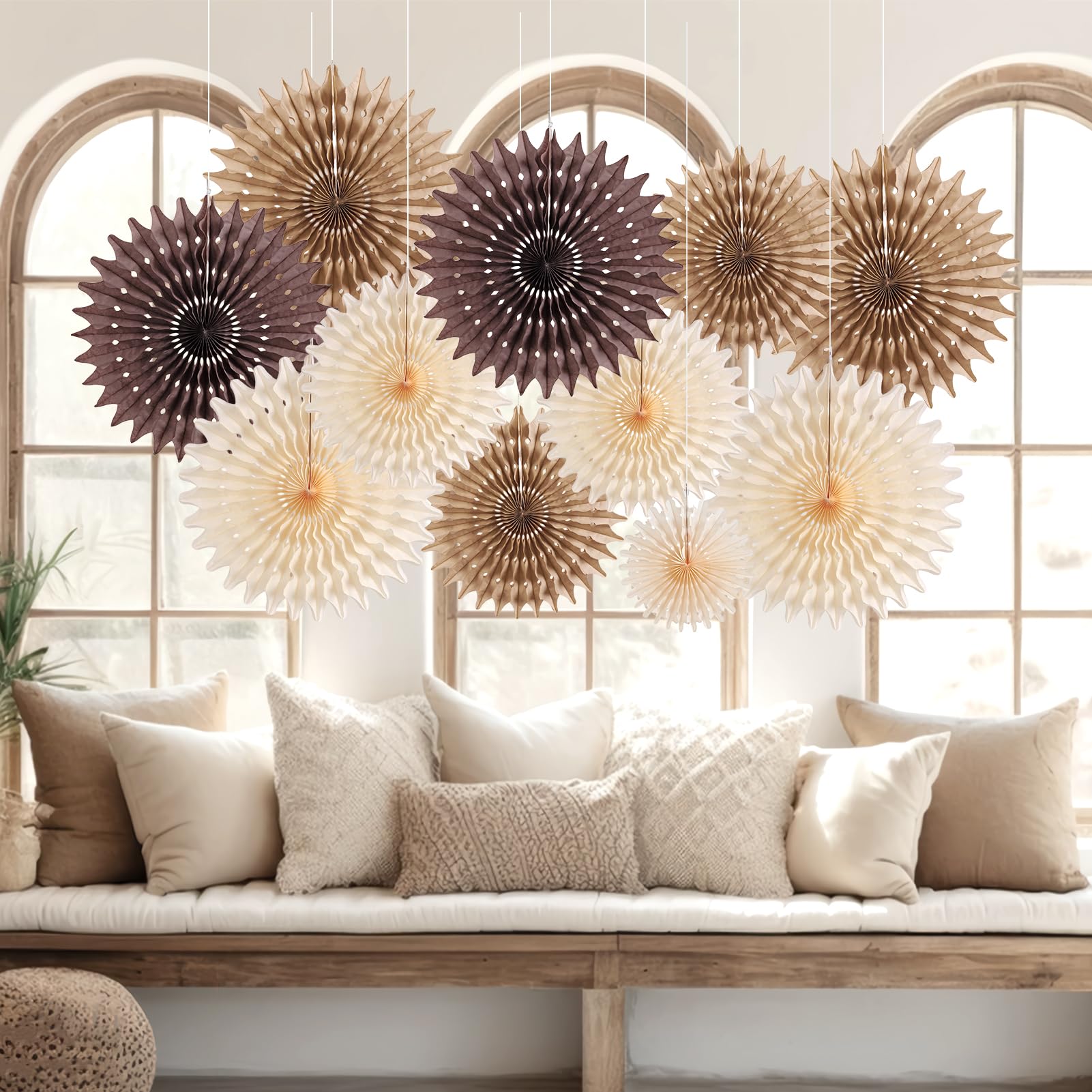 PAPER JAZZ 11 Pcs Brown Party Decorations Neutral Party Decorations Hollowed Out Honeycomb Round Paper Fans Rustic Birthday Wedding Graduation Party Supplies