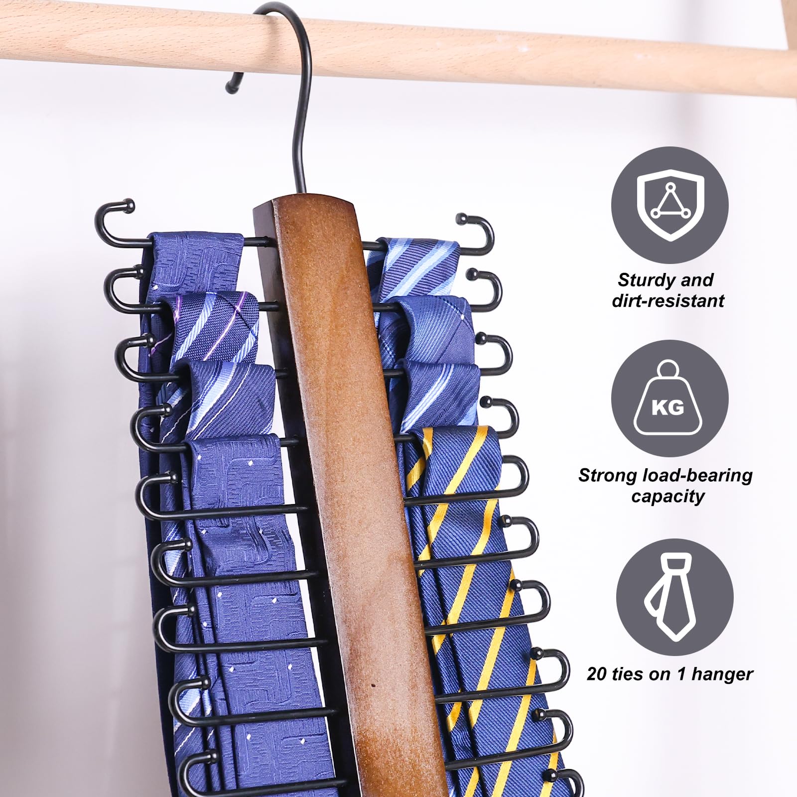 BigOtters Wooden Tie Rack, Tie Hanger for Men Closet Hanging Space Saving Holder 20 Hooks 360 Degree Rotating Tie Organizer for Belt Scarf Tie