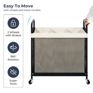 STO STO Laundry Hamper 3 Section, 120L Rolling Laundry Sorter Cart with Removable and Washable Liner Bag, Rolling Clothes Hamper with Metal Handle for Laundry Room and Bedroom