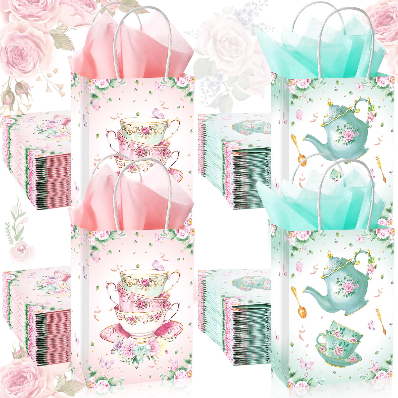 Locmeo 24 Pcs Tea Party Gift Bags with Tissue Paper Floral Teapot Goodie Treat Bags with Handles Tea Party Decorations for Kids Girls Wedding Baby Shower Birthday Party Favors Supplies, Pink and Green