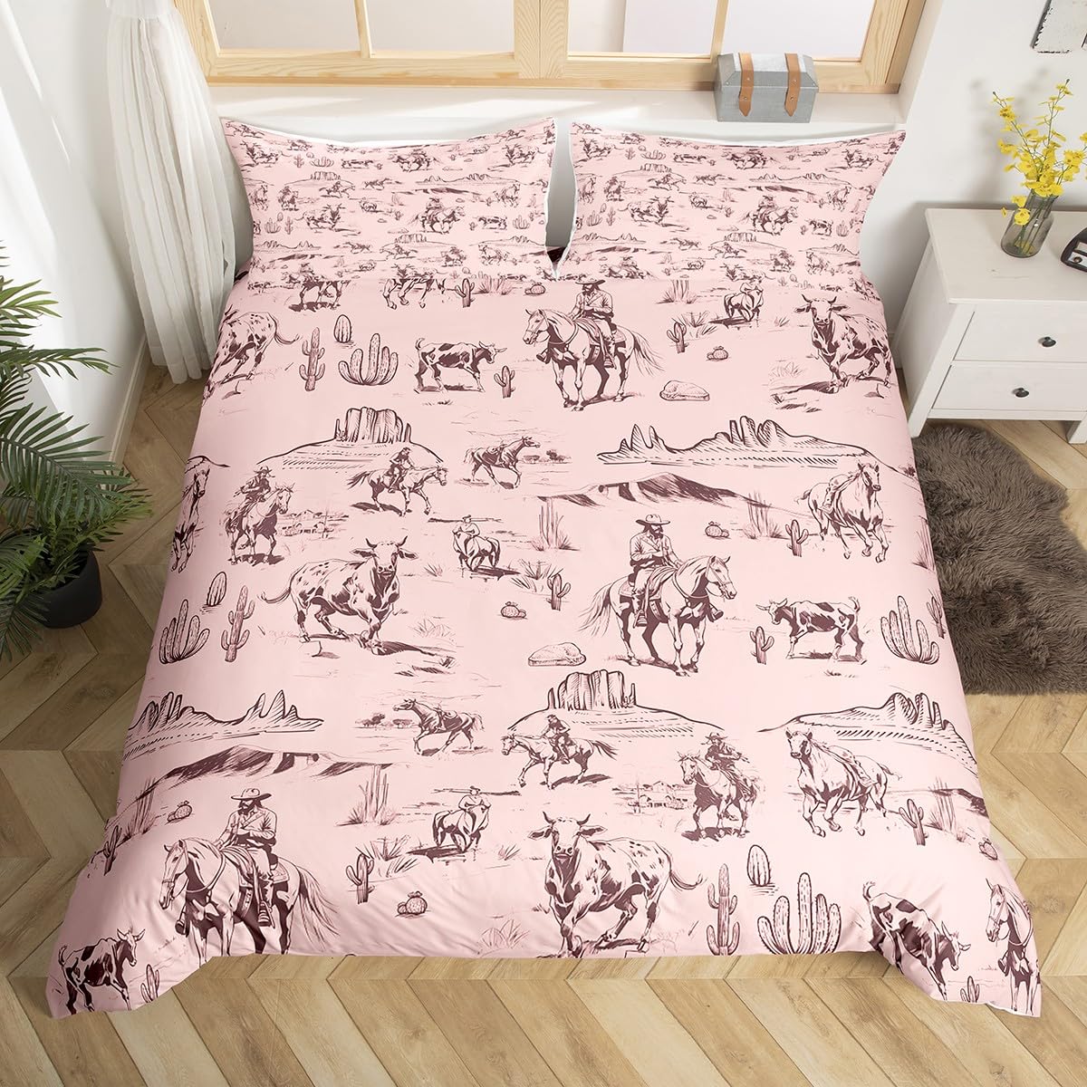 Feelyou Kids Wild West Cowboy Bedding Set Twin Size Western Decor Duvet Cover for Boys Girls Teens Bedroom Decor Rodeo Cowboy Style Comforter Cover Set Pink Bedspread Cover with 1 Pillow Case