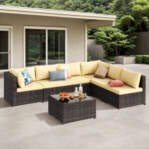 qsun 7-piece patio furniture set, outdoor sectional pe wicker rattan patio set. outdoor furniture a glass coffee table for porch poolside balcony (brown rattan, beige cushion)