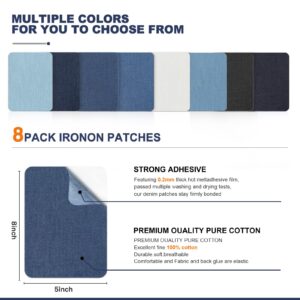 Azobur Iron on Patches for Clothing Repair, 8 Pcs Jean Patches for Inside and Outside, Sew on Iron on Denim Patches for Jeans Kits 5"x 8"（Eight Colors）