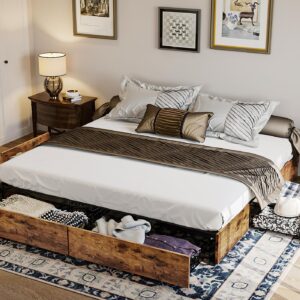 King Platform Bed Frame with 4 Storage Drawers, Sturdy and Stable, Noise-Free, No Box Spring Needed, Easy Assembly, Industrial Style, Brown