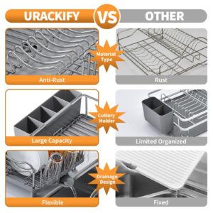 Urackify Dish Rack, 304 Stainless Steel Dish Drying Rack for Kitchen Counter, Dish Drainer with Cutlery Holder for Large Capacity, Dish Drying Rack with drip Tray, Grey