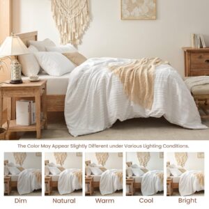 BESTSWEETIE White Duvet Cover Queen Size – Striped Tufted Queen Duvet Cover Set with Zipper Closure, 3pcs Soft Microfiber Boho Duvet Cover Set for All Seasons (Queen, 90”x90”)