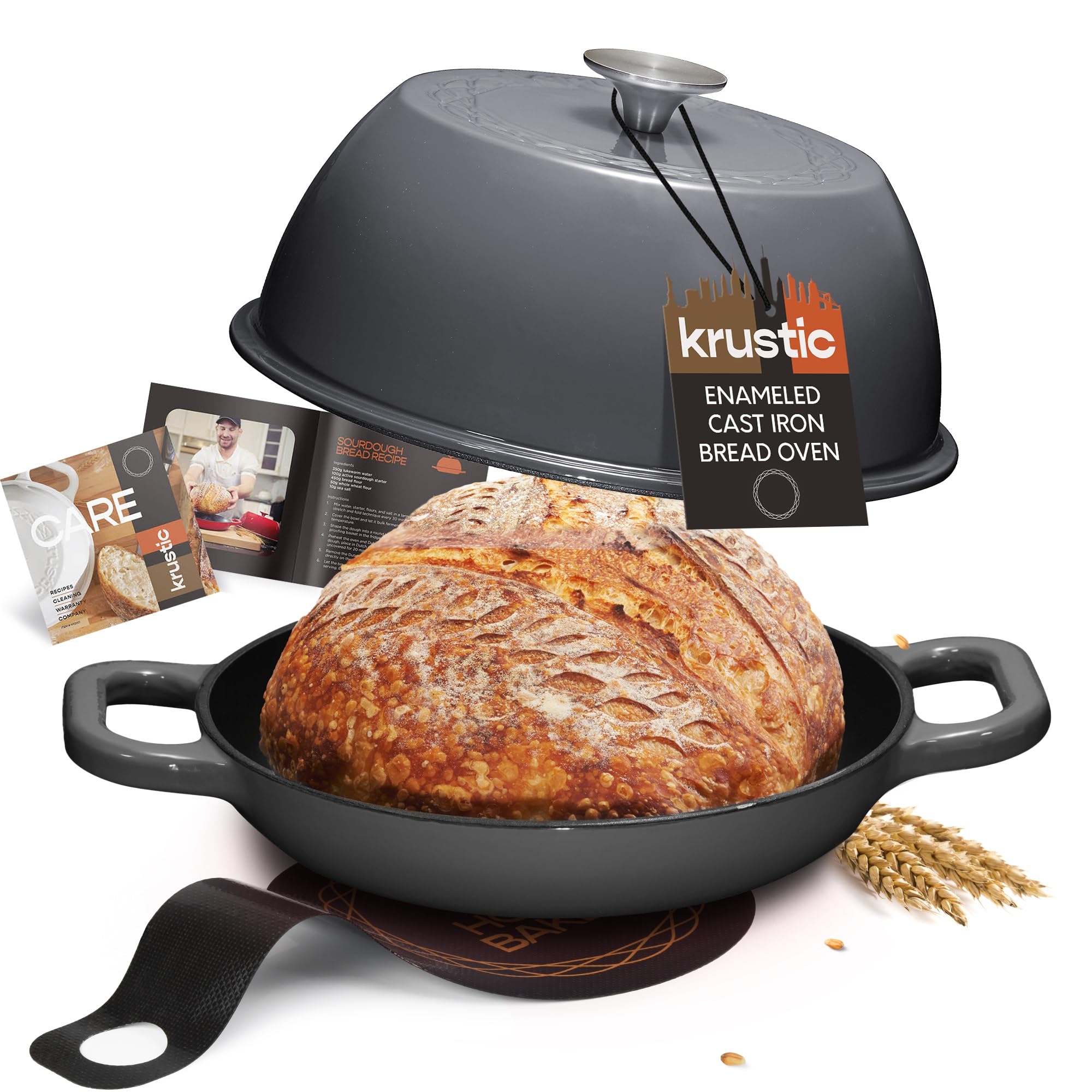 Krustic Enameled Cast Iron Dutch Oven for Sourdough Bread Baking | 6 Quart Pot with Lid | 10 Inch Ceramic Enamel Thick Coated Cookware Set with Non Stick Silicone Baking Mat for Cooking (Grey)