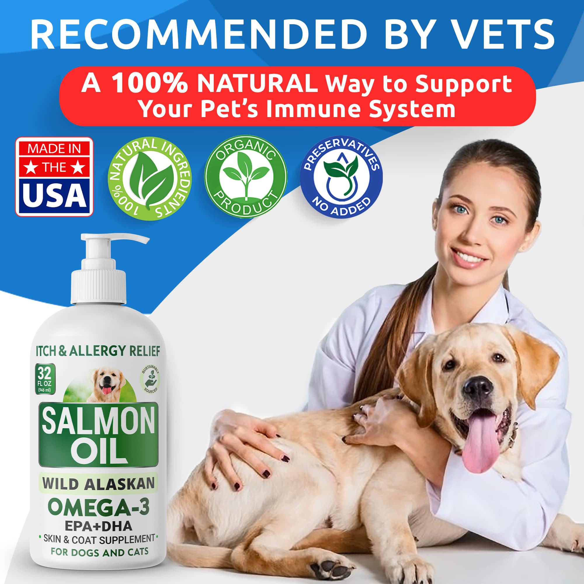 Omega 3 + Salmon Oil for Dogs, Oil Treats for Dog Shedding, Skin Allergy, Itch Relief, Dry Skin & Hot Spots Treatment, Joint Health - Skin and Coat Supplement - EPA & DHA Fatty Acids