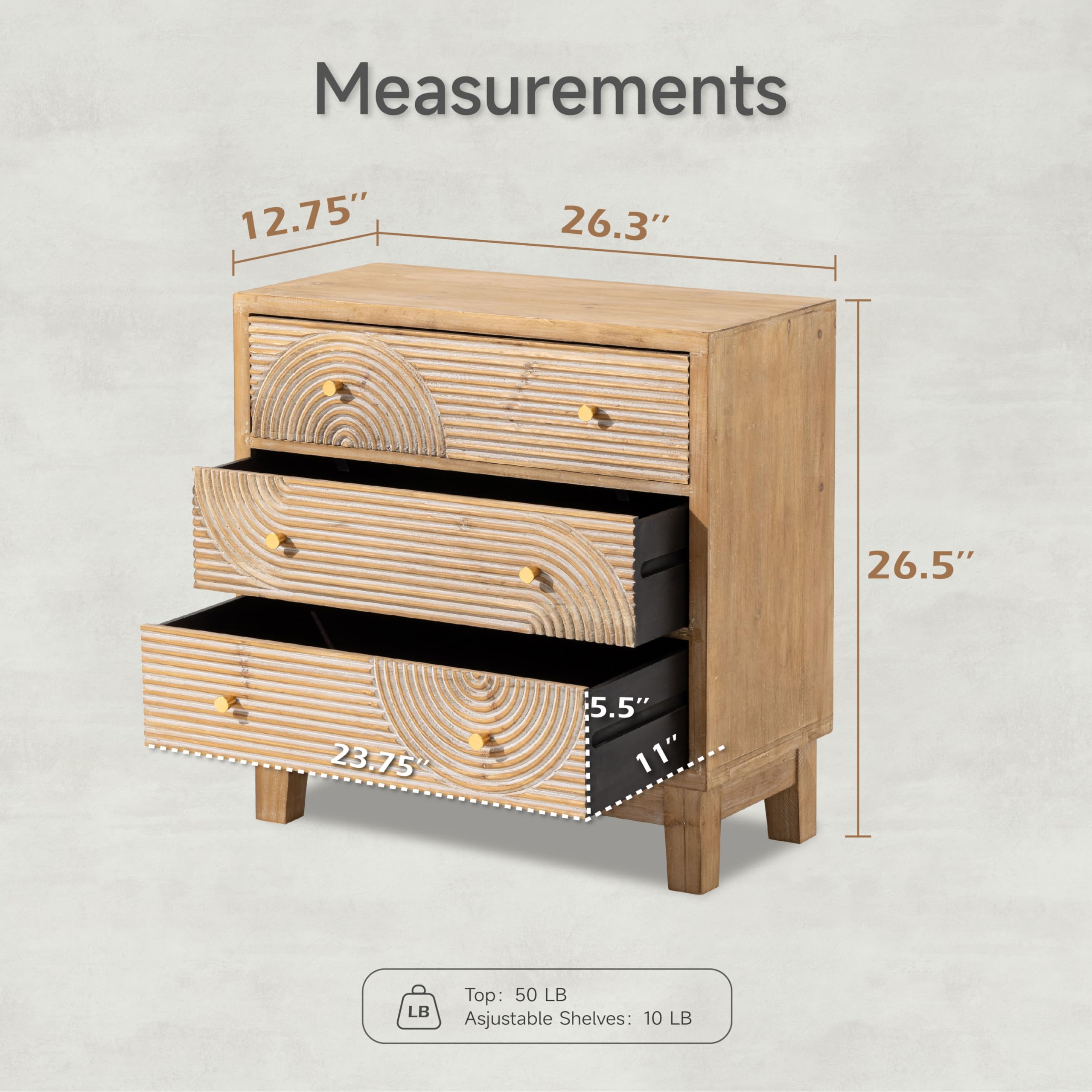 COZAYH 3-Drawer Farmhouse Dresser with Handicraft Wood Ring Motif, Set of 2 Fully Assembled Nightstand Wooden Finish for Boho, Mid-Century, Natural Wood, Rustic