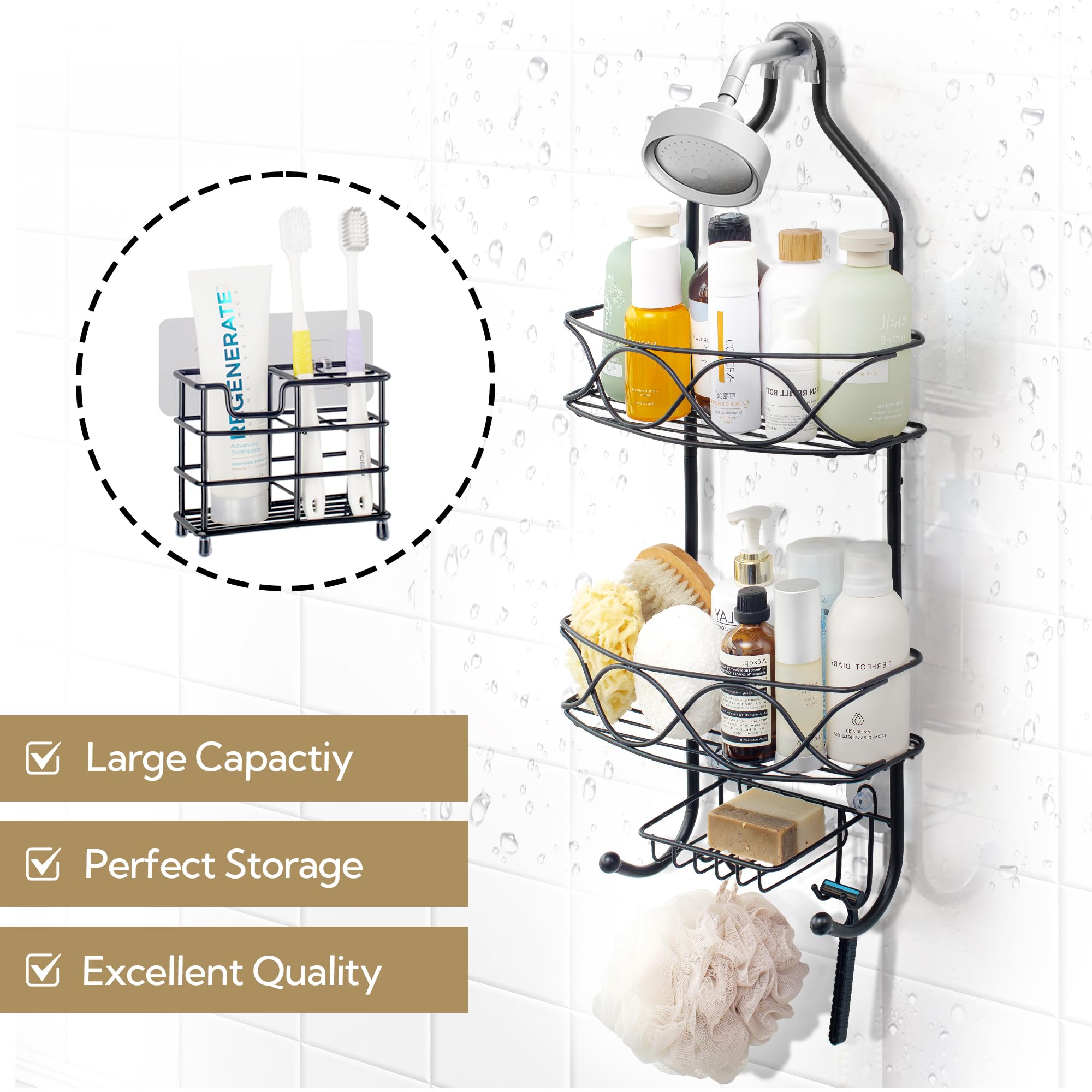 GRANNY SAYS Shower Caddy Hanging, Shower Organizer with Toothbrush Holder, Shower Holder Over Shower Head, Shower Racks for Inside Shower, Black Shower Caddy, Bathroom Shower Organizer