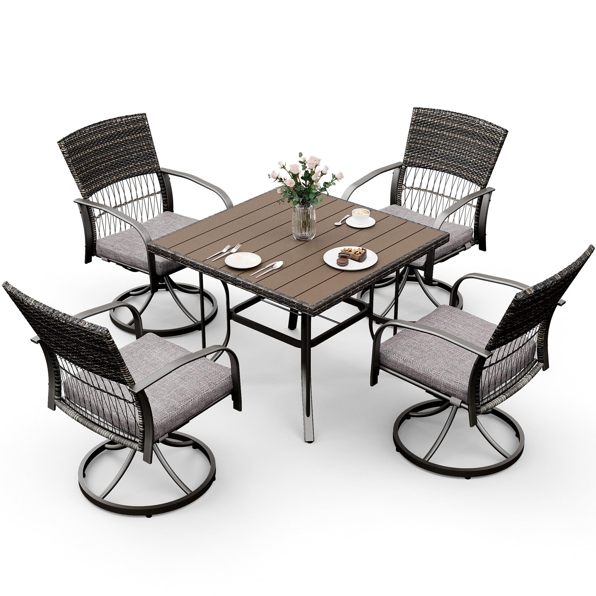 Pamapic 5 Piece Patio Dining Set for 4,Outdoor Wicker Furniture Set for Backyard Garden Deck Poolside with 4 Cushions Swivel Rocker Chairs,Square Plastic-Wood Table Top, Removable Cushions(Gray)