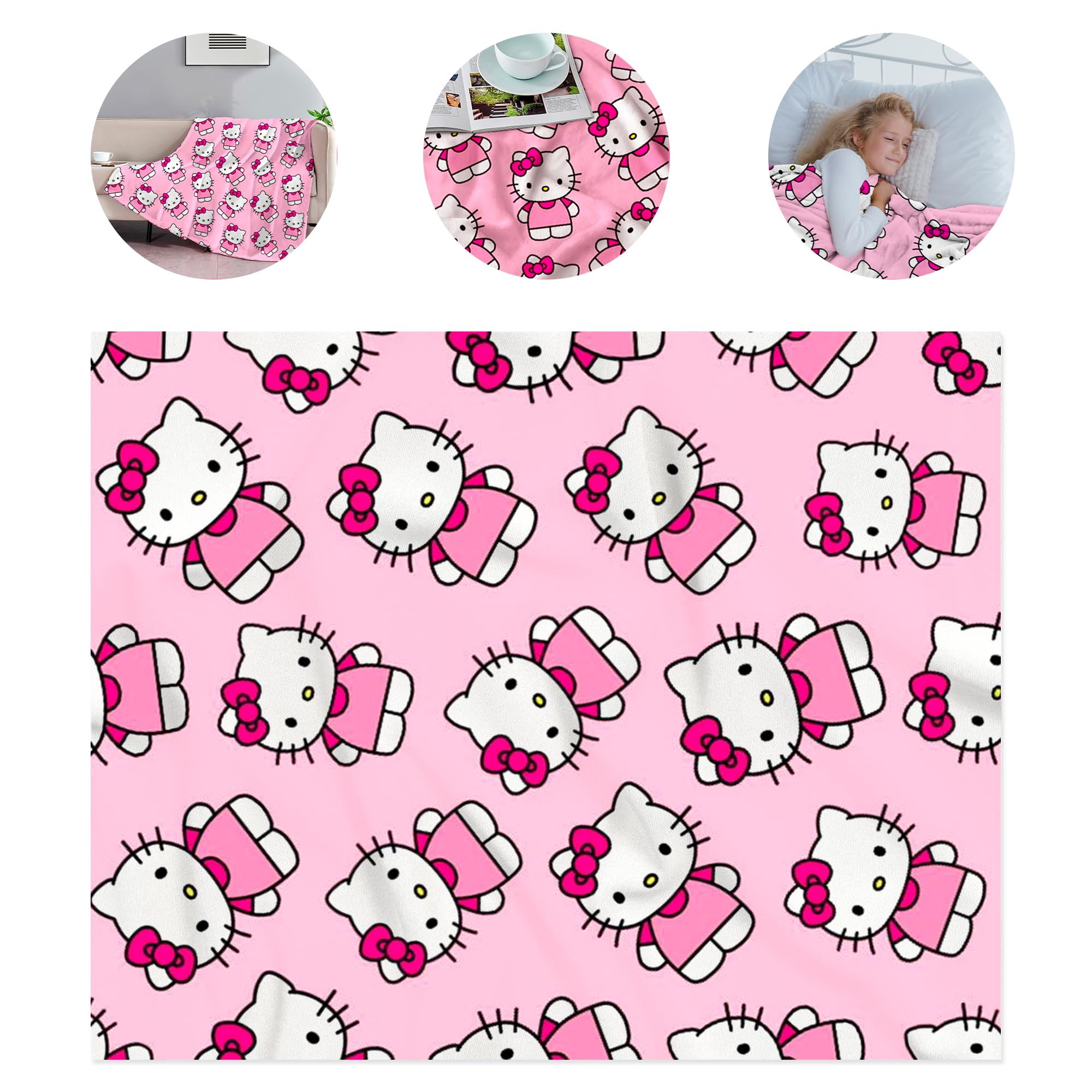 ORGANISET | 50"x 40" | Cute Cartoon Throw Blanket Anime Blanket for Girls, Hello Kitty Blanket for Kids, Kawaii blanket, Hello kitty throw blanket, Super Soft Warmful Flannel Blanket for Couch (Pink)