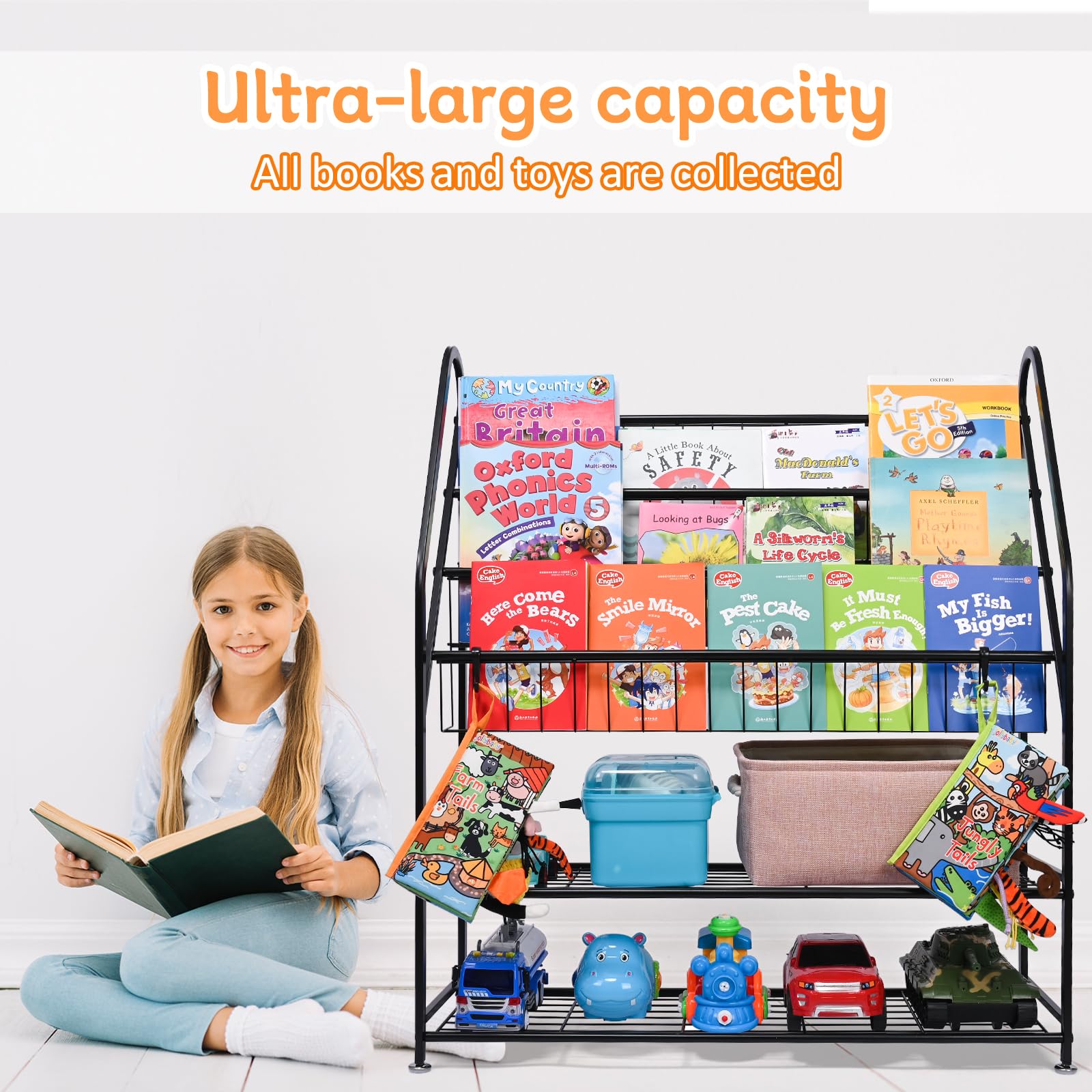 Bookshelf for Kids, Metal Kids Bookshelf, 5 Tier Kids Book Shelf and Toy Storage, Bookcase for Kids Room, Kids Book Storage for Bed Room Living Room (Large, Black)