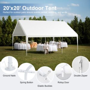 Carport, 20 x 20 Heavy Duty Carport Canopy with Removable Sidewall, Portable Garage with All-Season Tarp, Outdoor Storage Shelter Water-Resistant Car Canopy for Party Event Wedding Gathering (20x20ft)