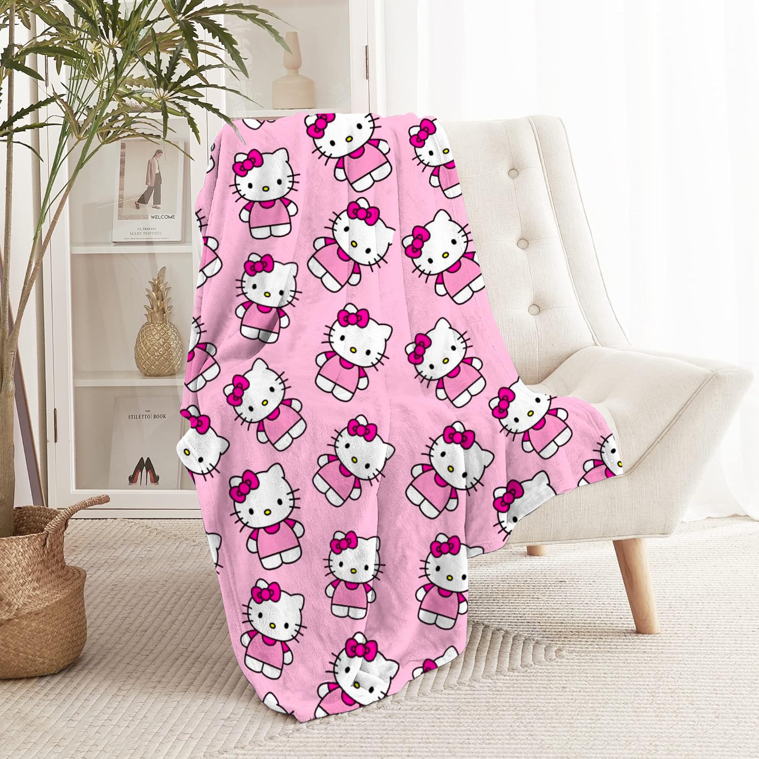 ORGANISET | 50"x 40" | Cute Cartoon Throw Blanket Anime Blanket for Girls, Hello Kitty Blanket for Kids, Kawaii blanket, Hello kitty throw blanket, Super Soft Warmful Flannel Blanket for Couch (Pink)