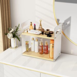 FSyueyun 2 Tier Bathroom Countertop Organizer, Wooden Vanity Shelf for Makeup, Skincare, Perfume, and Kitchen Spice Rack Tray (Beige)