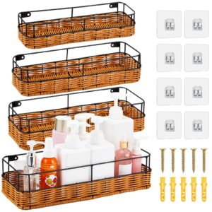 menkxi 4 pack hanging wall basket adhesive shower caddy shelf wall mounted organizer for storage wicker shower rack holder for bathroom kitchen cabinets apartment decor, 4 sizes