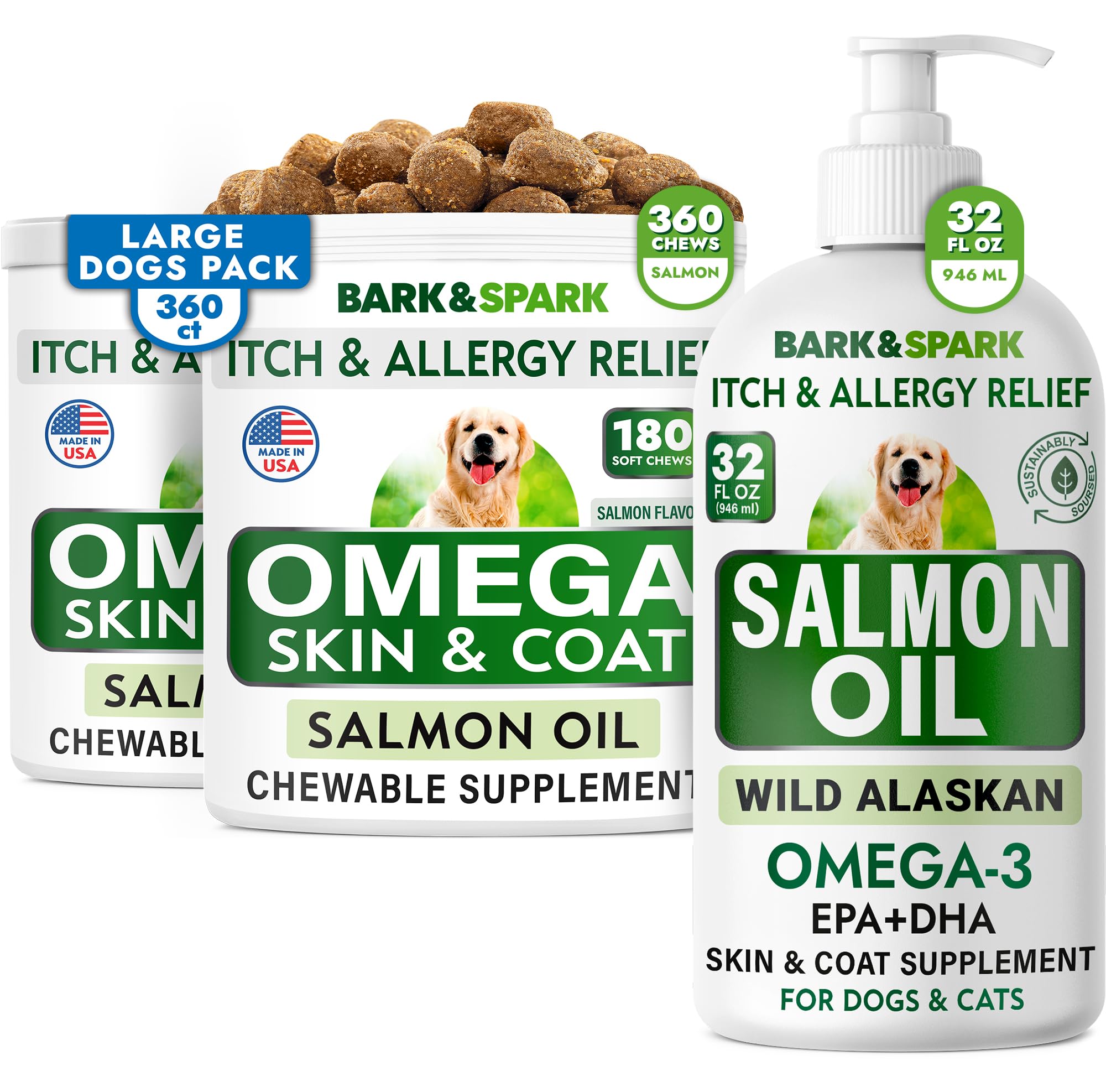 Salmon Oil + Omega 3 for Dogs - Oil Treats for Dog Shedding, Skin Allergy, Itch Relief, Dry Skin & Hot Spots Treatment, Joint Health - Skin and Coat Supplement - EPA & DHA Fatty Acids