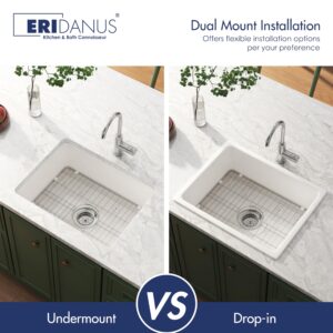 Drop in Kitchen Sink, Eridanus 24" x 18" Undermount Kitchen Sink 24 Inch Fireclay Sink Dual Mount White Kitchen Sink Topmount Deep Single Bowl with Bottom Grid and Strainer Drain