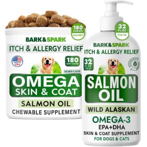 Omega 3 + Salmon Oil for Dogs, Oil Treats for Dog Shedding, Skin Allergy, Itch Relief, Dry Skin & Hot Spots Treatment, Joint Health - Skin and Coat Supplement - EPA & DHA Fatty Acids