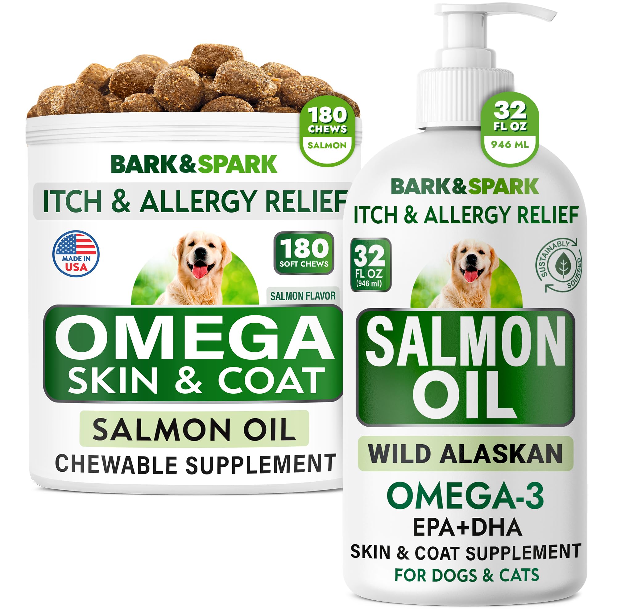 Omega 3 + Salmon Oil for Dogs, Oil Treats for Dog Shedding, Skin Allergy, Itch Relief, Dry Skin & Hot Spots Treatment, Joint Health - Skin and Coat Supplement - EPA & DHA Fatty Acids