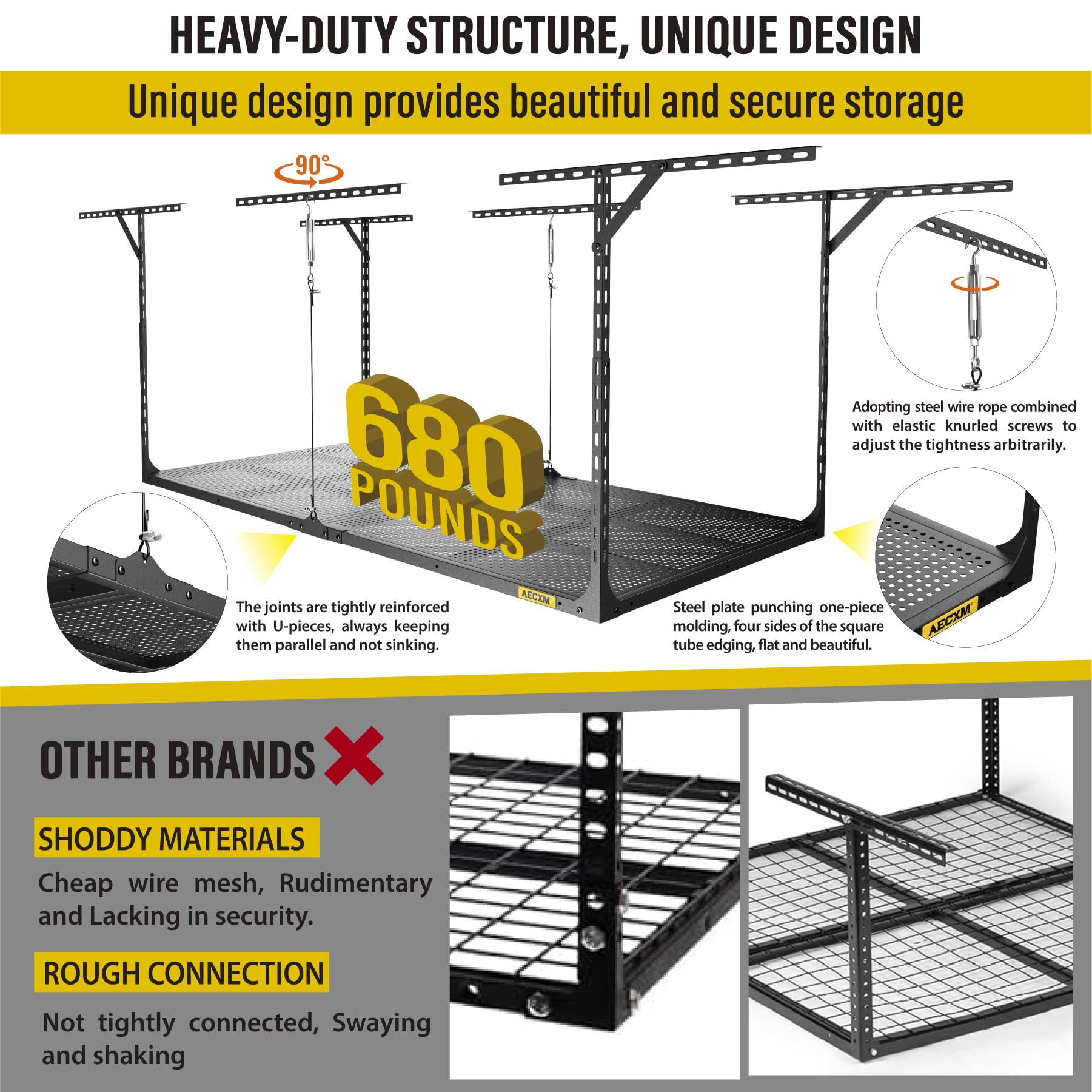 Aecxm 3x6ft Overhead Garage Storage, Adjustable Ceiling Mounted Storage Racks, 36" Length x72 Width x 35" Height, 20''-40" Ceiling Dropdown, 680LBS Weight Capacity (Black)