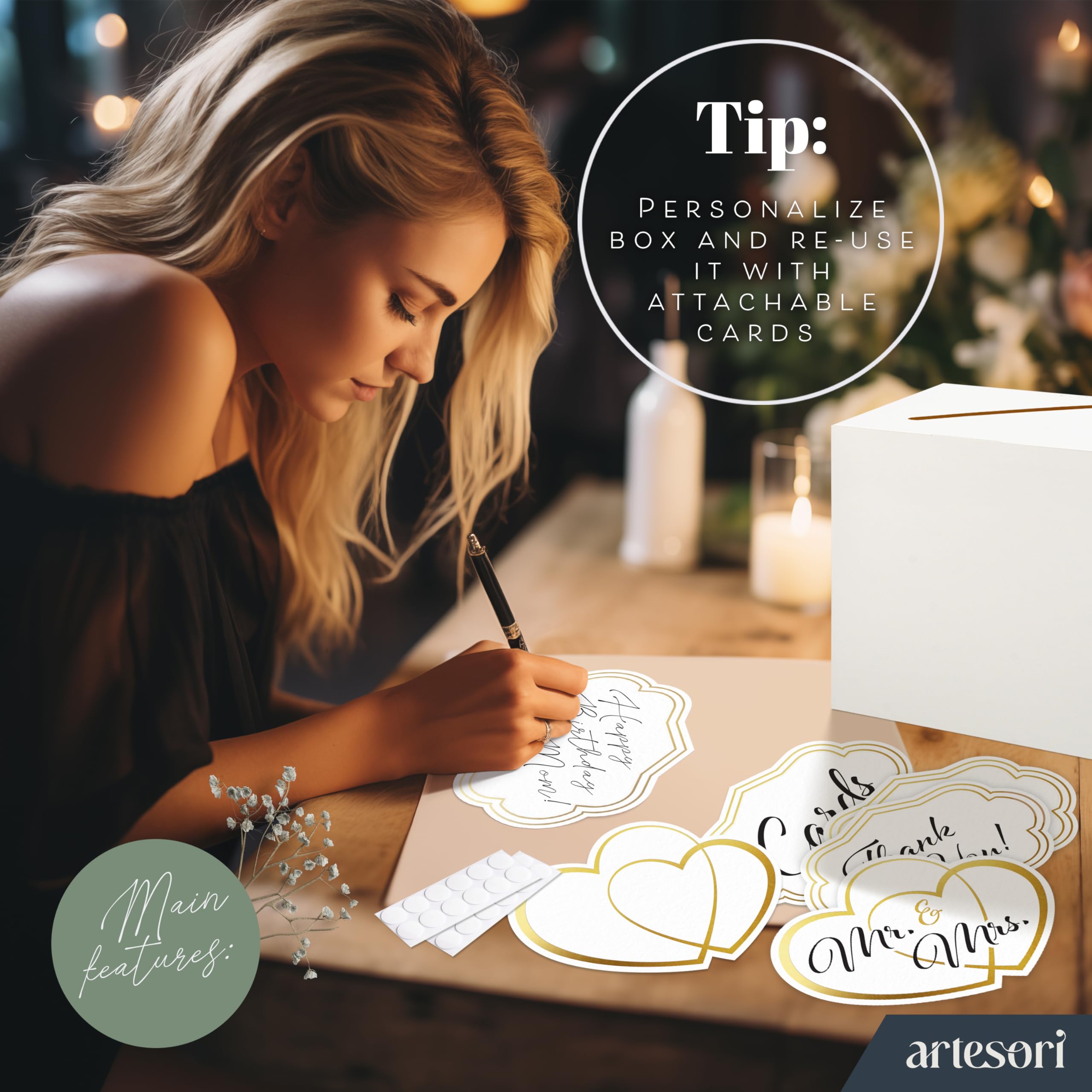 ARTESORI White Wedding Card Box - Cards Stickers & Large Box Slot, Gift Card Box for Wedding Cards At Reception, Birthday, Baby Shower, Graduation Box Party, Raffle, Money Boxes Holder - 8x8