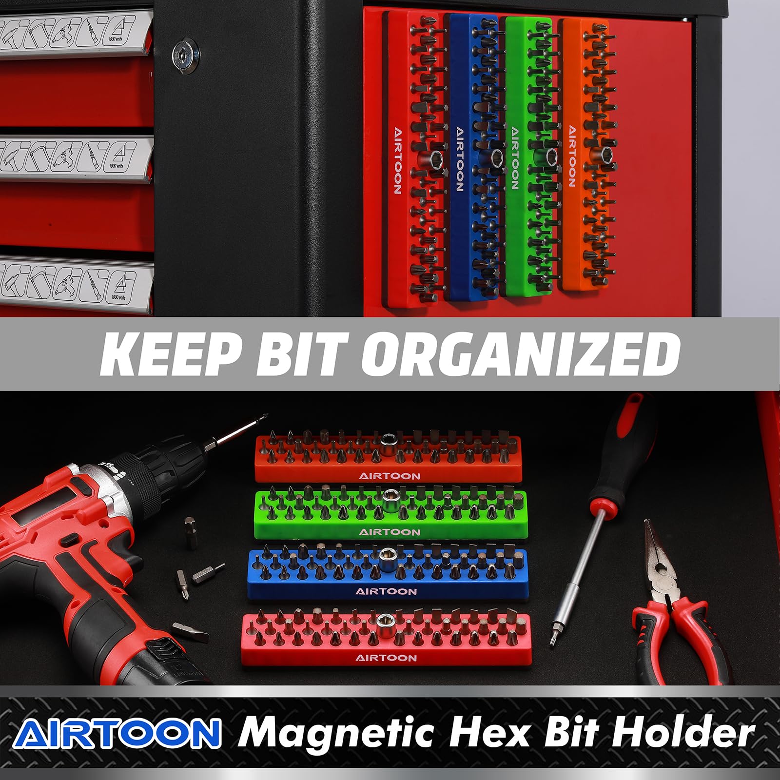 AIRTOON 4PCS 1/4" Magnetic Hex Bit Holder, 43 Holes Bit Storage with Strong Magnetic Base, Magnetic Screwdriver Bit Organizer, Red, Blue, Green and Orange